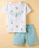 Ollypop Sinker Knit Half Sleeves Beach Theme Printed T-Shirt & Shorts Set - Cream & Aqua Blue