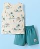 Ollypop Sinker Knit Sleeveless T-Shirt & Shorts Set with Beach Theme Print - Cream