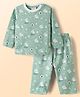 Ollypop Sinker Knit Full Sleeves T-Shirt & Pajama Night Suit With Cat Print - Sea Green