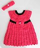 Woonie Woven Cap Sleeves Bow Applique Detailed Hand Knitted Dress With Headband - Pink