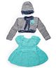 Woonie Hand Knitted Solid Dress With Full Sleeves Floral Applique Detailed Shrug & Cap - Green