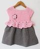 Woonie Hand Knitted Colour Blocked Sleeveless Floral Applique Detailed Frock - Pink