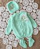 Woonie Hand Knitted Full Sleeves Floral Embroidered Sweater With Cap & Booties Set - Light Green