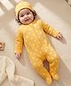 Babyhug Cotton Knit Full Sleeves Footed Sleepsuit With Heart Print - Yellow