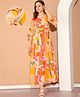 Moms Maternity Cotton Woven Three Fourth Bell Sleeves Abstract Printed Maternity Dress With Side Seam Zipper Nursing Access - Mustard