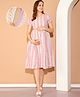Moms Maternity Cotton Woven Half Puffed Sleeves Striped & Polka Dots Printed Maternity Dress With Side Seam Zipper Nursing Access - Pink