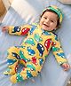 Babyhug Cotton Knit Full Sleeves Footed Sleepsuit With Vehicle Print & Cap - Yellow