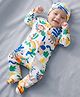 Babyhug Cotton Knit Full Sleeves Footed Sleepsuit With Jungle Theme Print & Cap - White