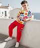 OLLINGTON ST. Cotton Knit Half Sleeve Printed T- Shirt & Joggers Set - Multicolor & Red