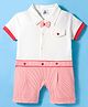 Mini Taurus Interlock Knit Half Sleeves Striped Romper with Bow Applique - Coral