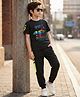 OLLINGTON ST. Cotton Knit Half Sleeves T- Shirt With Print & Joggers Set - Black