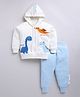 CUTOPIES Cotton Knit Full Sleeves Dinosaur Printed Hooded Sweatshirt & Joggers Set - Off White & Blue