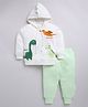 CUTOPIES Cotton Knit Full Sleeves Dinosaur Printed Hooded Sweatshirt & Joggers Set - Off White & Green