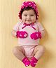 Babyoye 100% Cotton Knit Eco Conscious Cap Mittens & Booties With Eco Jiva Finish & Floral Print Pink - Diameter 19 cm