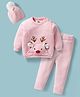 Yellow Apple Knit Full Sleeves Sweater Set With Bunny Applique & Cap - Baby Pink