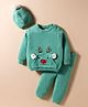 Yellow Apple Knit Full Sleeves Sweater Set With Bunny Applique & Cap - Aqua