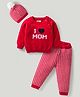 Yellow Apple Knit Full Sleeves Sweater Set With I Love Mom Design & Cap - Red
