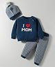 Yellow Apple Knit Full Sleeves Sweater Set With I Love Mom Design & Cap - Navy Blue