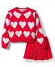 Yellow Apple Knit Full Sleeves Winter Wear Set with Heart Print - Red