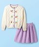 Yellow Apple Knit Full Sleeves Winter Wear Top & Skirt Set with Cable Knit Design & Floral Embroidery - White & Lavender