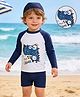 Mark & Mia Raglan Full Sleeves Dino Printed Two Piece Swimsuit With Cap  - Navy Blue