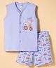 Tango Interlock Knit Sleeveless Shorts Night Suit With Vehicle Print - Light Blue