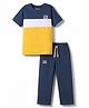 Pine Kids Cotton Knit Half Sleeves Cut & Sew T-Shirt & Lounge Pant Set with Patch Detailing - Navy Blue & Gold