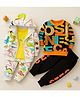 Googo Gaaga Cotton Loop Knit Pack Of 2 Full Sleeves Typography Printed Sweatshirt & Dinosaur Printed Jacket With Tee & Pants Set - White & Orange