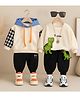 Googo Gaaga Cotton Loop Knit Pack Of 2 Full Sleeves Checked & T Rex Text Dinosaur Patch Detailed Sweatshirts With Joggers Set - Cream