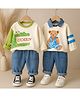Googo Gaaga Cotton Loop Knit Pack Of 2 Full Sleeves Dinosaur & Teddy Printed Sweatshirts With Pants Set - Cream