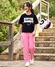 Pine Kids Cotton Knit Drop Shoulder Half Sleeves T-Shirt & Lounge Pant set with Text Foil Print - Black & Pink