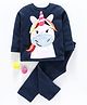 Hugsntugs Fleece Knit Full Sleeves Unicorn Patch Detailed Winter Tee & Pants Set - Navy Blue