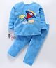 Hugsntugs Fleece Knit Full Sleeves Aeroplane Patch Detailed Winter Tee & Pants Set - Blue