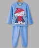 Hugsntugs Fleece Knit Full Sleeves Snowman Patch Detailed Winter Tee & Pants Set - Blue
