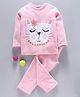 Hugsntugs Fleece Knit Full Sleeves Cat Patch Detailed Winter Tee & Pants Set - Soft Pink