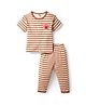 ToffyHouse Knitted Half Sleeves Front Open Night Suit With Stripes & Animal Patch - Brown