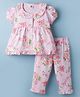 ToffyHouse Cotton Knit Half Sleeves Co-ords Top & Pajama Night Suit with Floral Print & Frill Detailing - Pink