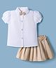 ToffyHouse Cotton Woven Half Sleeves Solid Top & Skirt Set With Bow Applique - Off White & Khaki