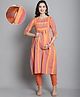 Moms Maternity Cotton Woven Three Fourth Sleeves Striped Maternity Kurti With Side Zipper Nursing Access & Pant Set - Orange