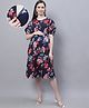 Moms Maternity Crepe Woven Half Puffed Sleeves Floral Printed Maternity Dress With Front Open Nursing Access - Navy Blue