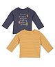MINI KLUB Cotton Knit Pack Of 2 Full Sleeves Text Printed & Striped Tees - Navy Blue & Mustard