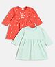 MINI KLUB Cotton Knit Pack Of 2 Full Sleeves Baby Ducks & Little & Loved Text Printed Dresses - Red & Blue