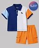 Bonfino 100% Cotton Knit Color Block Half Sleeves Polo T-Shirt & Cargo Shorts Set - Orange White & Blue