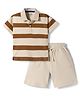 Bonfino 100% Cotton Knit Half Sleeves Striped Polo T-Shirt & Shorts Set - Beige