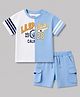 Bonfino 100% Cotton Drop Shoulder Oversized Color Block Front Printed Half Sleeve T-Shirt & Cargo Shorts Set - Blue & White