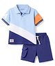 Bonfino 100% Cotton Pique Knit Half Sleeves Polo T-Shirt & Cargo Shorts Set with Color Block Design - White & Blue