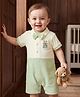 Babyoye 100% Cotton Knit Half Sleeves Romper With Bear Embroidery & Bow - Light Green