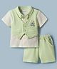 Babyoye 100% Cotton Knit Half Sleeves T-Shirt & Shorts Set with Bear Embroidery - Light Green & Cream