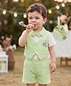 Babyoye 100% Cotton Knit Half Sleeves T-Shirt & Shorts Set with Bear Embroidery - Light Green & Cream