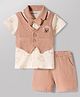 Babyoye 100% Cotton Knit Half Sleeves Shirt & Shorts with Teddy Bear Print & Bow Applique - Tan